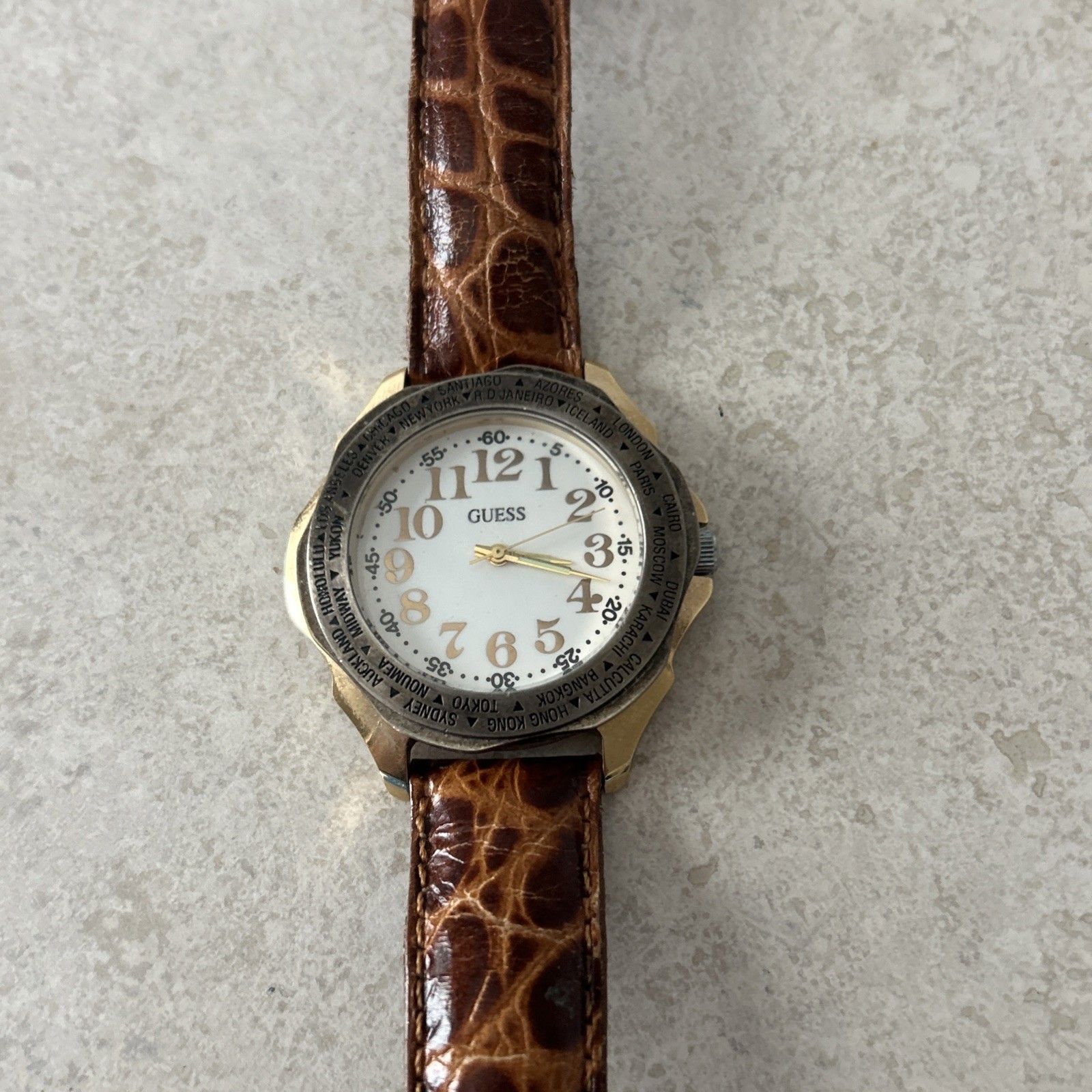 Vintage 1992 Guess World Time Watch Gold Tone White Dial Leather Quartz Runs — image 2 of 8